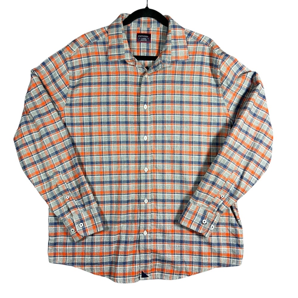 UNTUCKit Jones Flannel Shirt Mens XL Orange‎ Grey Blue Plaid Cotton UT-14-35854
